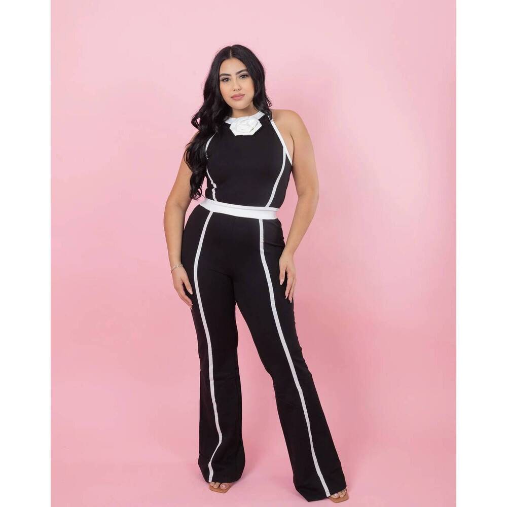 NEW RIVIR rosette halter top and pant set in black / white